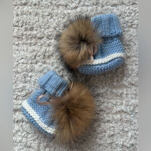 Cozy Blue Knitted Baby Booties with real Fur Pom